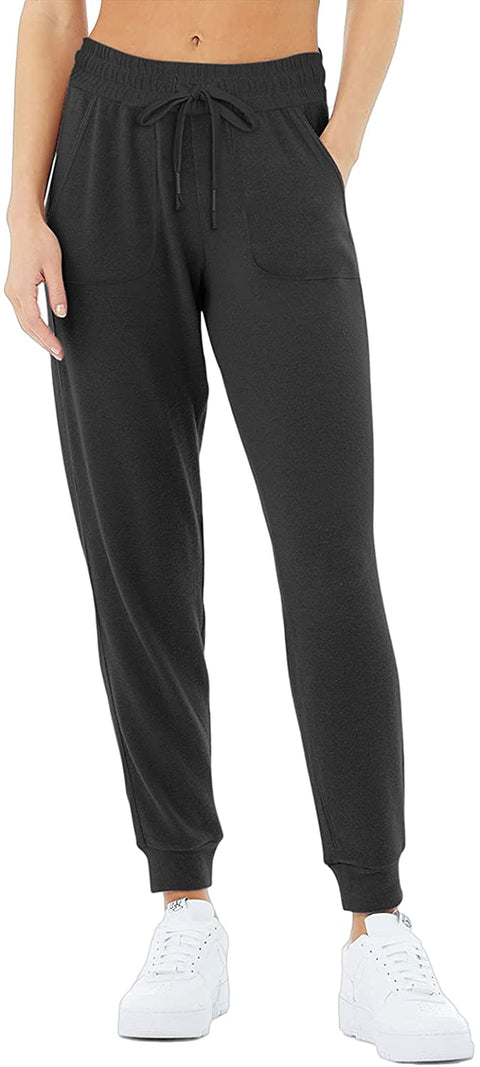 Fleece Joggers for Women Drawstring Yoga Pants with Pockets for Women Stretchy Sweatpants Workout Lounge Pants Black Large