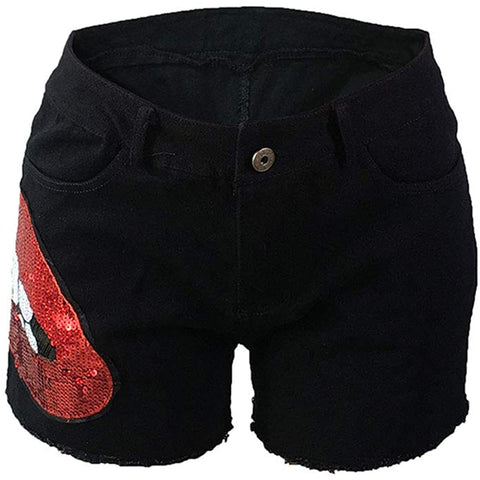 Women's Sequin Deco Summer Frayed Hem Casual High Waist Skinny Denim Shorts