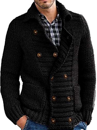 Mens Cable Knit Cardigan Sweater Stand Collar Button Down Loose Fit Long Sleeve Warm Casual Cardigans with Pockets