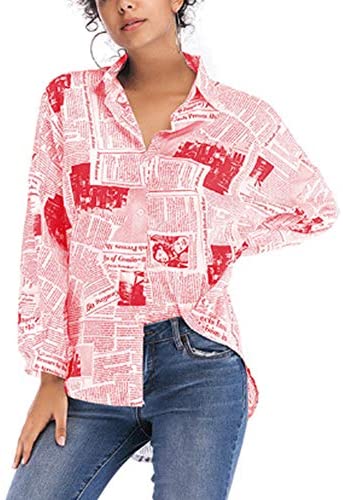 Women's Loose Fashion Letter Printed Newspaper Blouses Button Down Shirts