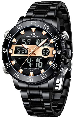 MEGALITH Men Watch Waterproof Stainless Steel Led Analog Digital Watches for Men Male Day Date Stopwatch Heavy Metal Alarm Sport Watch Gent Outdoor Military Luminous Big Wrist Watches with Backlight