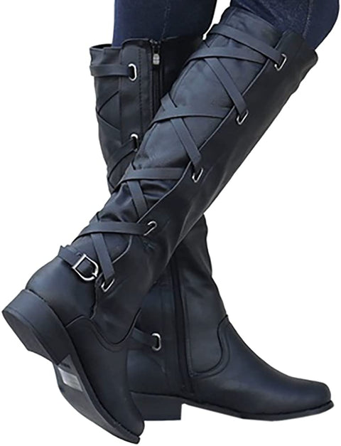 Ruanyu Womens Winter Knee High Boots Riding Strappy Lace Up Low Heel Combat Boots Black