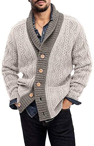 Yasiter Mens Shawl Collar Cable Knit Cardigan Sweater Button Loose Fit Long Sleeve Sweaters with Pockets