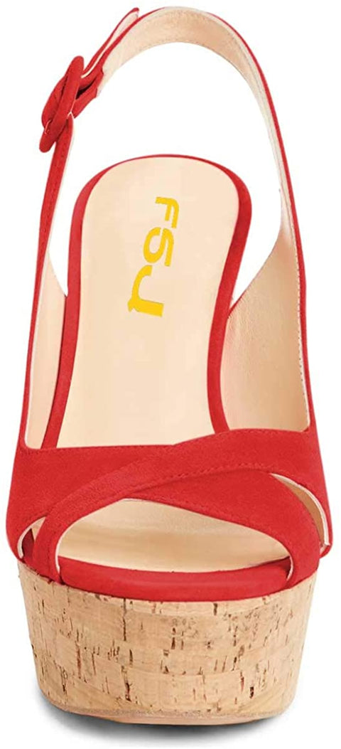 FSJ Women Summer Platform Wedge High Heeled Sandals Peep Toe Slingback Dress Faux Suede Pump Size 4-15 US