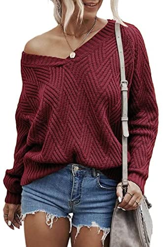 Womens Fashion Sweaters Sexy V Neck Long Sleeve Oversized Cable Knit Pullovers Casual Tunic Tops