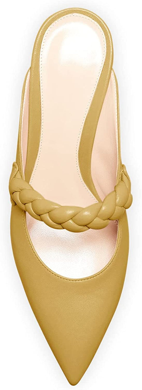 Womens Braided Strap Stiletto Mules Closed Pointed Toe Heeled Sandals Kitten Mid Heel Backless Slides