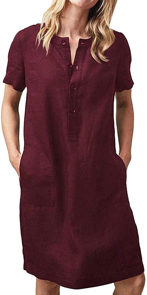 Women's Round Neck Skirt Fashion Loose Short Sleeve Mid-Length Solid Dress