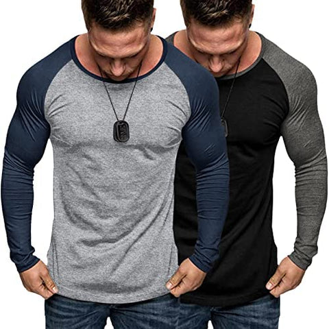 Men's 2 Packs Baseball Raglan Shirts Long Sleeve Gym Muscle Workout T Shirts