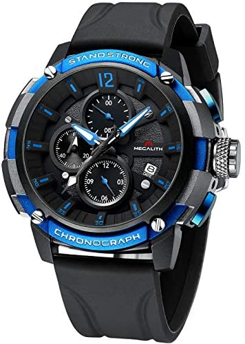 MEGALITH Men's Watch 50mm Rubber Chronograph Waterproof Large Face Watch Silicone Military Sport Analog Heavy Duty Watches for Men Luminous Multifunctional Cool Designer Gents Wrist Watches