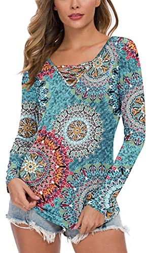 WNEEDU Women's Casual Long Sleeve T-Shirt Criss Cross V-Neck Basic Tees Tops
