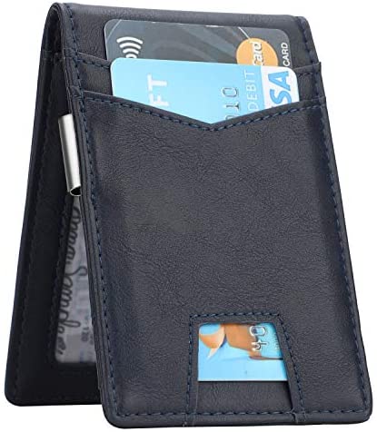 Slim Minimalist Front Pocket Wallet with Money Clip for Men, Genuine Leather RFID Blocking