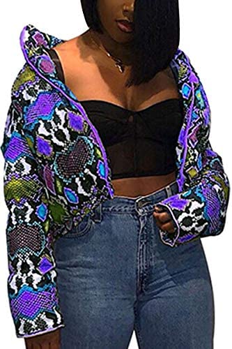 Women's Fashion Snakeskin Printed Jacket Casual Shiny Cotton Padded Outwear Coat
