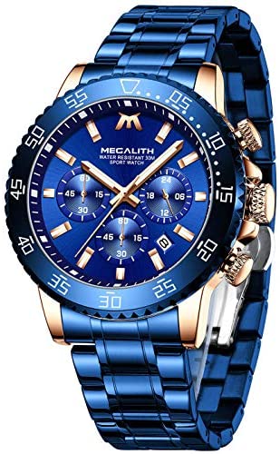 MEGALITH Mens Watches with Stainless Steel Waterproof Analog Quartz Fashion Business Chronograph Watch for Men, Auto Date