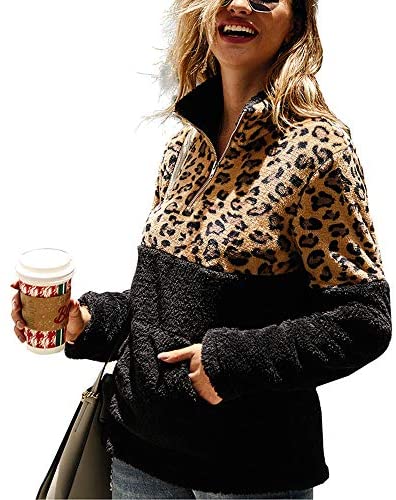 Women's Leopard Print Long Sleeve Pocket Sweatshirt Fuzzy Sweatshirt