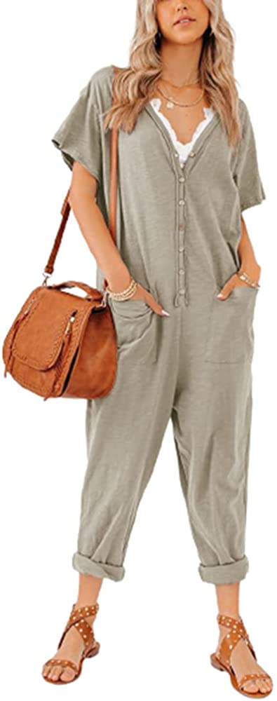 Plus Size Women's One Piece Button Up Jumpsuit Casual Loose Short Sleeve V Neck Onesies Rompers with Pockets