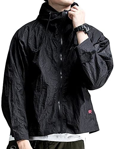 Men's Casual Zipper Lightweight Hooded Outerwear Folded Loose Fit Running Jacket