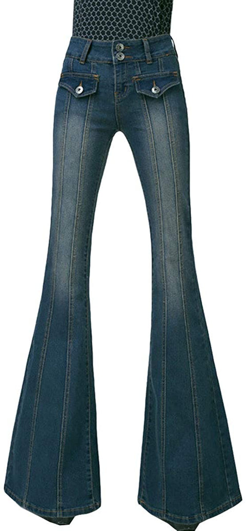 Women's Two Button Closure Mid Rise Stretchy Wide Bell Bottom Casual Long Denim Pant