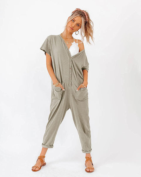 Plus Size Women's One Piece Button Up Jumpsuit Casual Loose Short Sleeve V Neck Onesies Rompers with Pockets