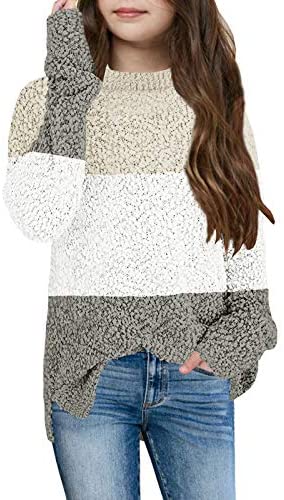 GAMISOTE Girl's Fuzzy Warm Sweater Crew Neck Chunky Side Slit Jumper Pullover Outwear