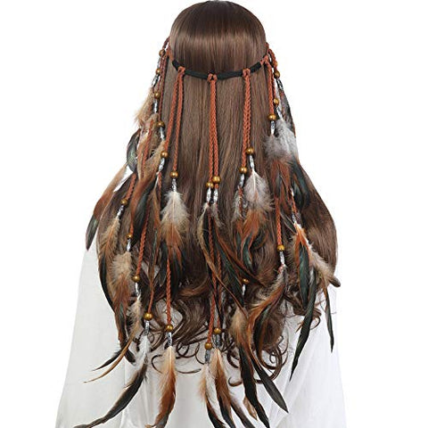 Boho Headdress Feather Headband Accessories - AWAYTR Feather Elastic Gypsy Festival Headband Indian Fancy Headpieces 1970s (Blue)