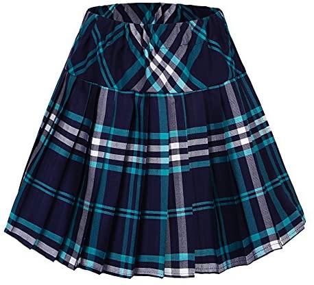 Women's Elastic Waist Plaid Pleated Skirt Tartan Skater School Uniform Mini Skirts