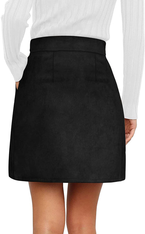 Skirts for Women High Waisted Mini Skirt Faux Suede A Line Skirt with Slant Pocket