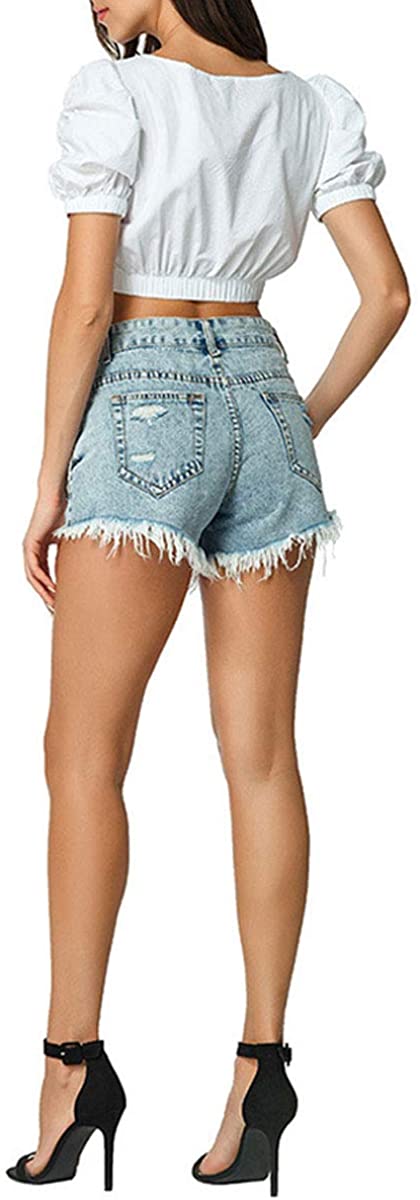 Women's Summer Casual Distressed Solid Ripped Frayed Hem Mid Waist Denim Shorts