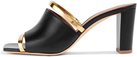 FSJ Women Open Peep Toe High Heel Slide Sandals Backless Slip on Clogs Mules Gold Band Casual Shoes Size 4-15 US