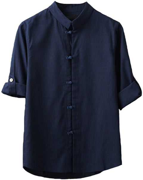 Plaid&Plain Men's Linen Cotton Mandarin Collar Roll-Up Sleeve Frog-Button Shirt