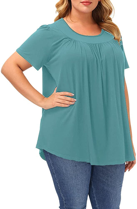 Plus Size Blouse Women Short Sleeve Blouses Summer Casual Pleated Tops
