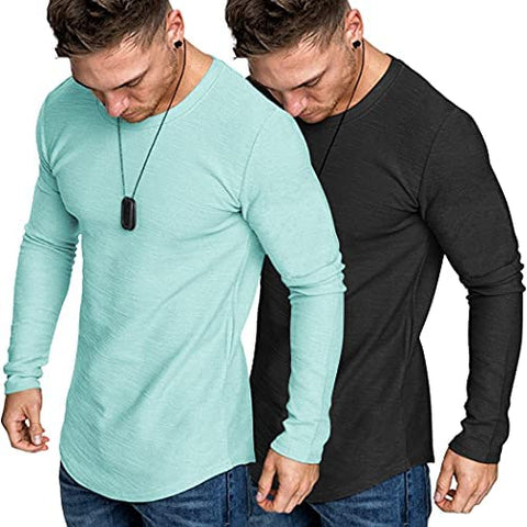 Men 2 Pack Muscle Fitted T Shirt Gym Workout Athletic Long Sleeves Tee