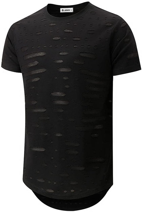 KLIEGOU Mens Hipster Hip Hop Ripped Round Hemline Hole T Shirt (05-3)