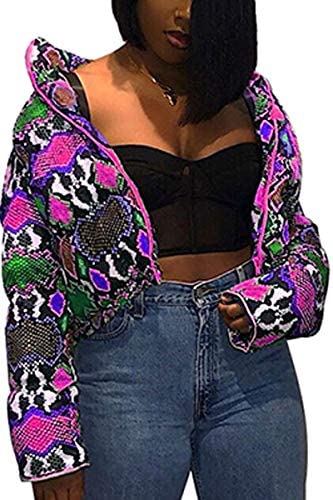 Women's Fashion Snakeskin Printed Jacket Casual Shiny Cotton Padded Outwear Coat