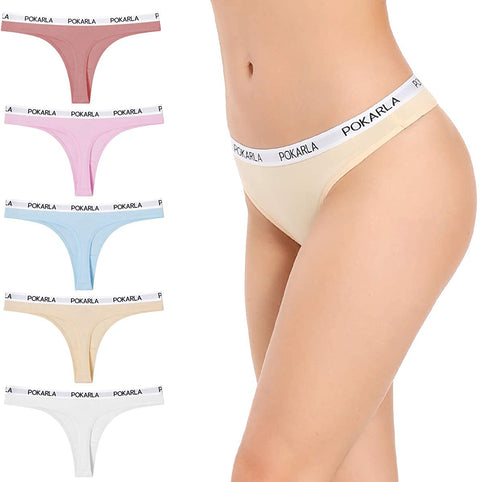 POKARLA Women's Thongs Cotton Breathable Panties Bikini Underwear 5-Pack(Regular & Plus Size)