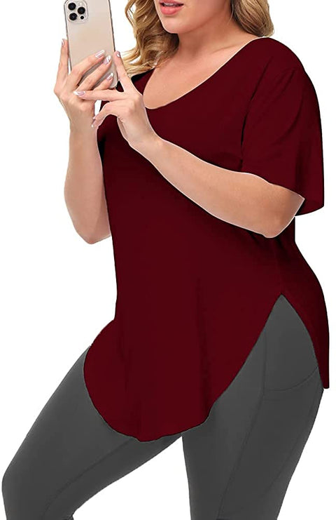 Womens Casual Scoop Collar Plus Size T Shirts Black 2X & Side Split Tops Without Pockets Wine Red 2X