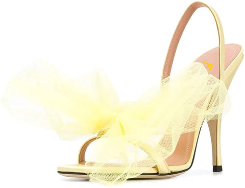 FSJ Women Fashion Large Floral Mesh Bow Open Toe Stylish Mid Heels Stiletto Pumps Elastic Slingback Sandals Slip on Shoes Wedding Dress Comfy Shoes Size 4-15 US