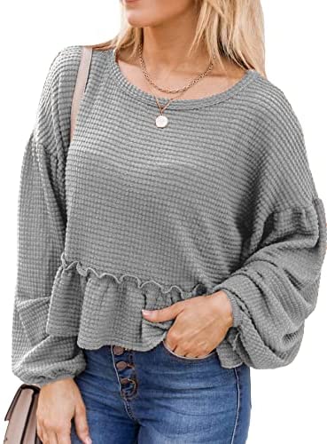 Womens Long Sleeve Blouse Fall Tops Ruffle Hem Balloon Sleeves Casual Loose Plain Blouses for Women