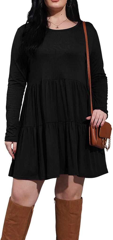 Plus Size Dress Long Sleeve Tiered Midi Dresses for Women Casual Fall Loose Party Knee Length Tshirt Dresses