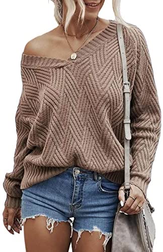 Womens Fashion Sweaters Sexy V Neck Long Sleeve Oversized Cable Knit Pullovers Casual Tunic Tops