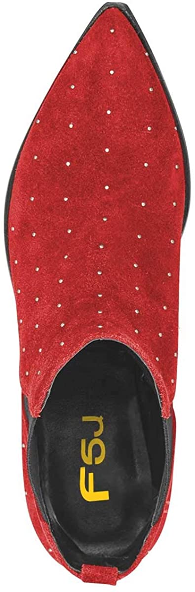FSJ Women Pointed Toe Chelsea Ankle Booties Block Low Heels Studded Boots Comfortable Trendy Suede Daily Fall Shoes Size 4-15 US
