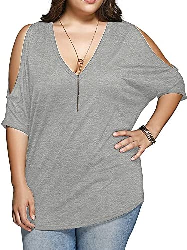 Women Plus Size Tops V Neck Short Sleeve Batwing Top Cold Shoulder T Shirt