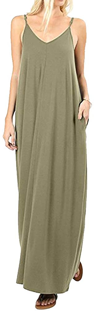 Women's Spaghetti Strap Beach Summer Sleeveless Dress V Neck Casual Maxi Dresses
