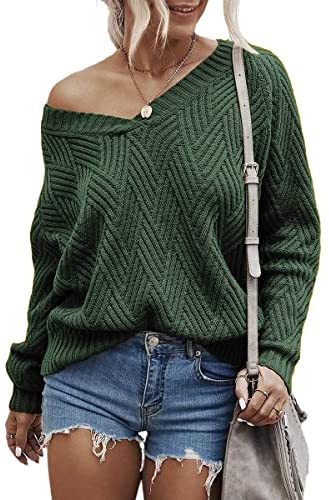 Womens Fashion Sweaters Sexy V Neck Long Sleeve Oversized Cable Knit Pullovers Casual Tunic Tops