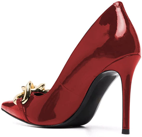 FSJ Women Fashion Pointed Toe Stilleto Heels Dress Pumps Metal Chain Slip On Wide Width High Heel Pumps Evening Party Shoes Size 4-15 US