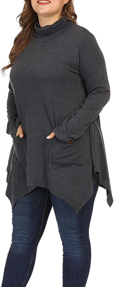 Women Plus Size Long Sleeve Turtleneck Long Tunic Top Flowy Irregular Hem Shirts