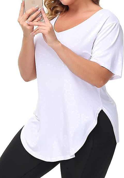 Womens Casual Scoop Collar Plus Size T Shirts Black 1X & Side Split Tops Without Pockets White 1X