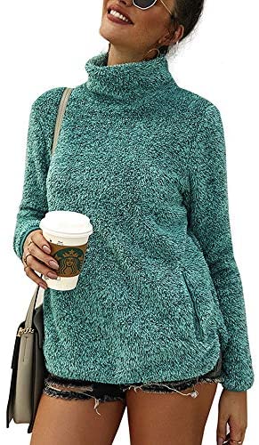 Women's Turtleneck Solid Fuzzy Sweatshirt Plain Long Sleeve Sweatshirts