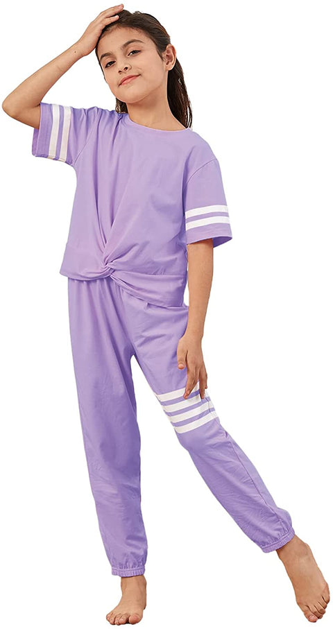 Kids Girls 2 Piece Outfit Sets Striped Crop Tops And Sweatpants Athletic Summer Tracksuit