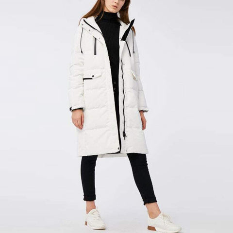 Women's Solid Mid-Length Down Jackets Plain Buckle Zipper Pocket Coat