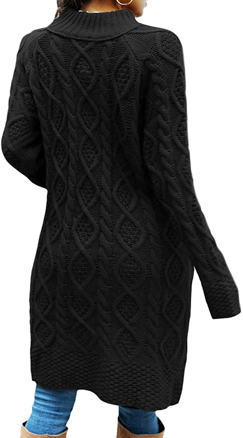 Womens Sweater Cardigans Turtleneck Long Open Front Cardigan Cable Knit Sweaters with Leather Buckle Coat